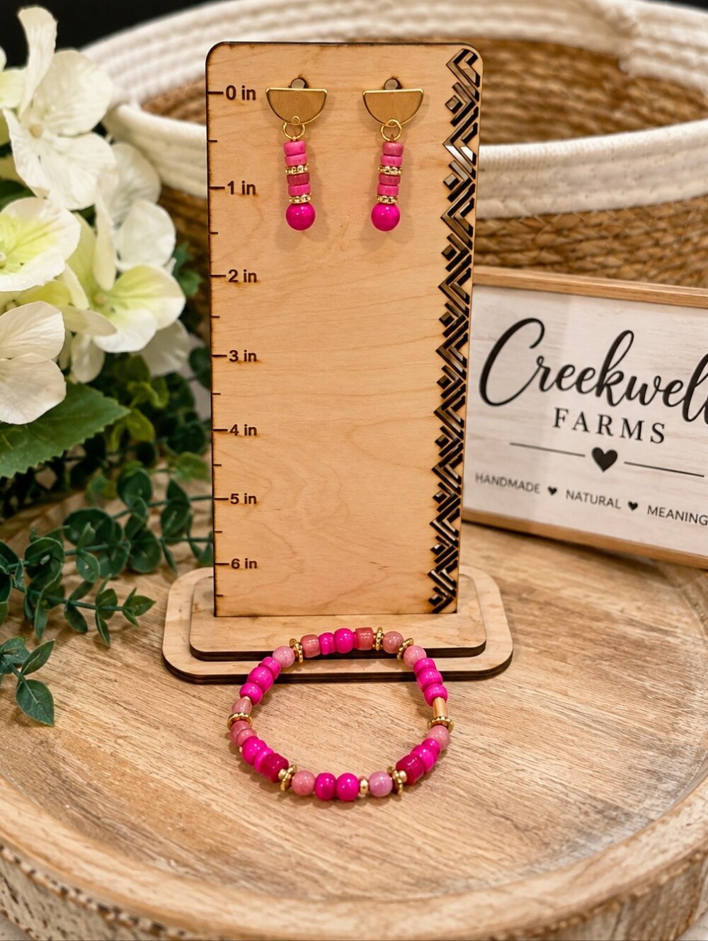 Handmade Pink& Gold Bead Bracelet and Earring Set